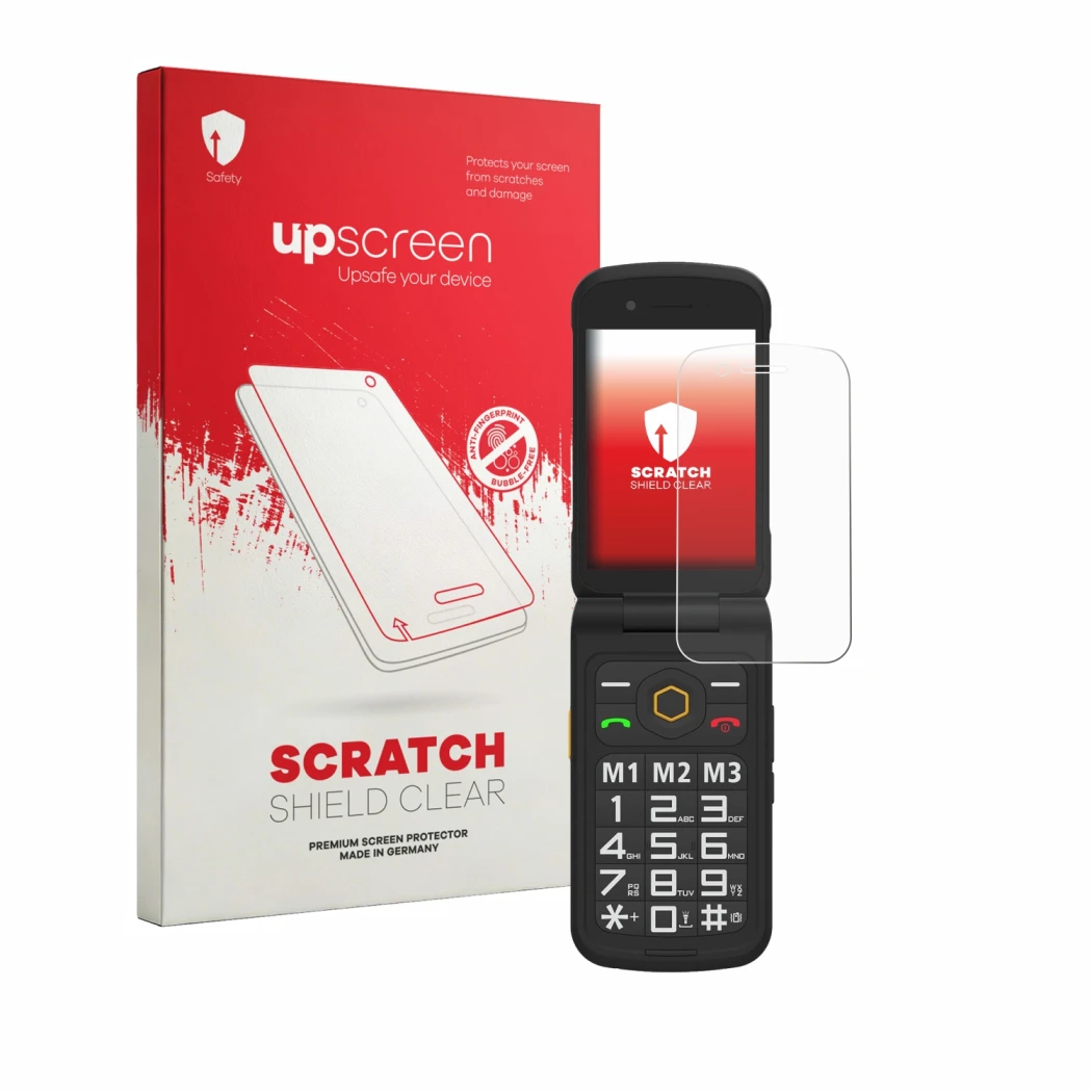 Parte frontale di una confezione del prodotto con il logo del marchio upscreen. Accanto è raffigurato il dispositivo AGM M8 FL