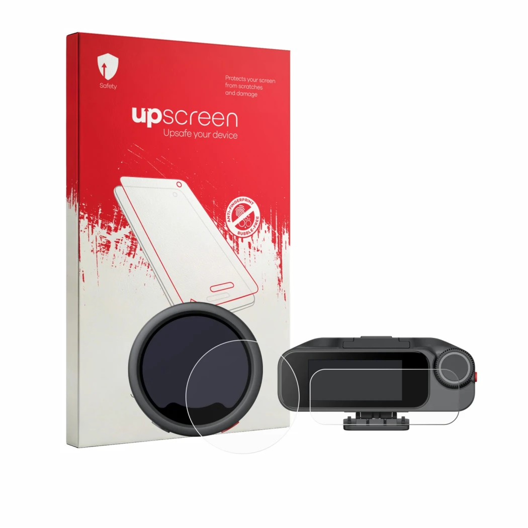 Parte frontale di una confezione del prodotto con il logo del marchio upscreen. Accanto è raffigurato il dispositivo Insta360