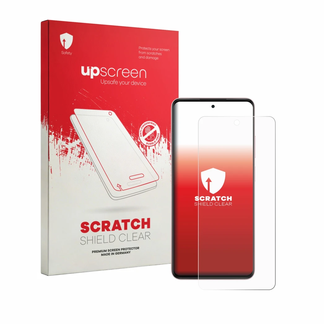 Parte frontale di una confezione del prodotto con il logo del marchio upscreen. Accanto è raffigurato il dispositivo Oppo A5i