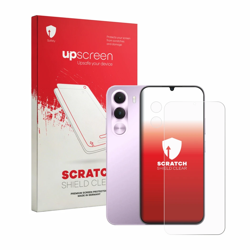 Parte frontale di una confezione del prodotto con il logo del marchio upscreen. Accanto è raffigurato il dispositivo realme C1