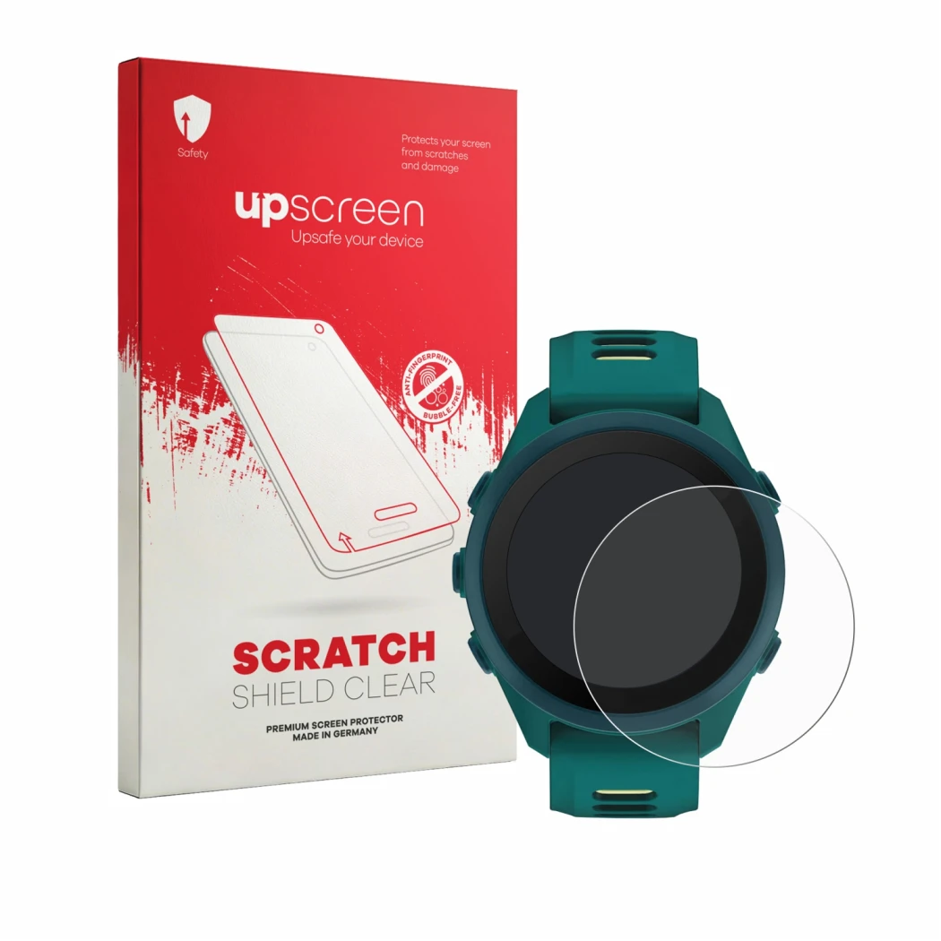 Parte frontale di una confezione del prodotto con il logo del marchio upscreen. Accanto è raffigurato il dispositivo Garmin Fo