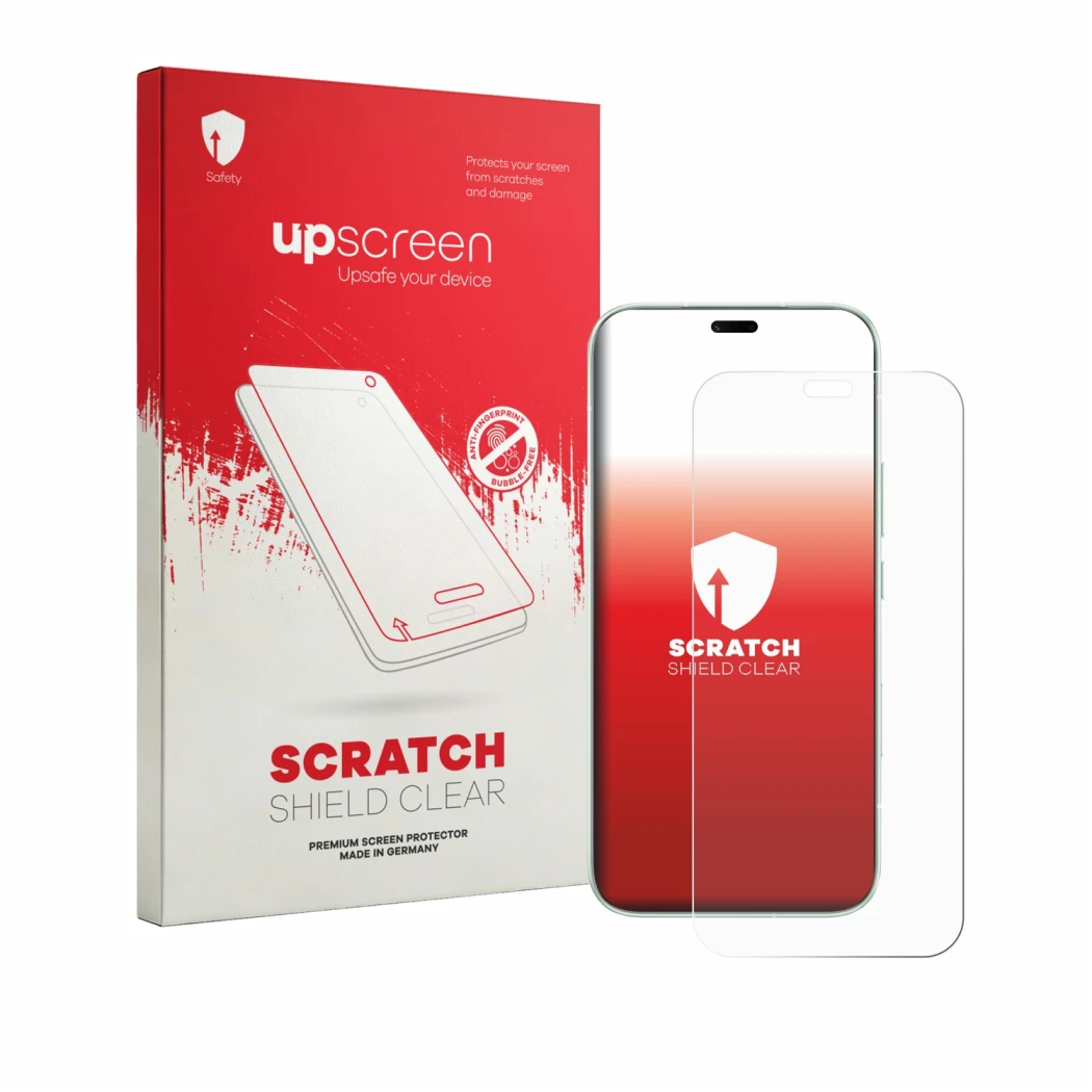 Parte frontale di una confezione del prodotto con il logo del marchio upscreen. Accanto è raffigurato il dispositivo Honor 600