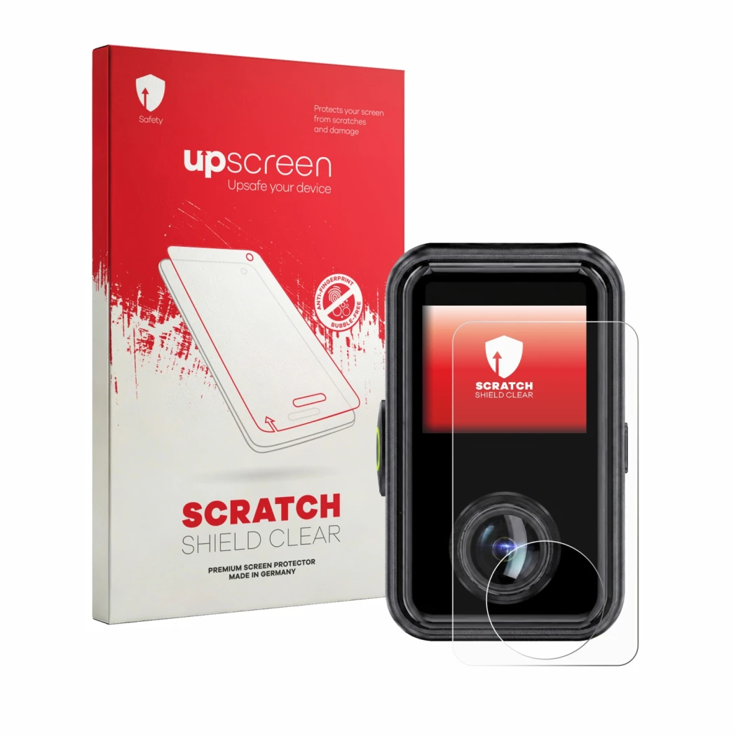 Parte frontale di una confezione del prodotto con il logo del marchio upscreen. Accanto è raffigurato il dispositivo Vantrue E