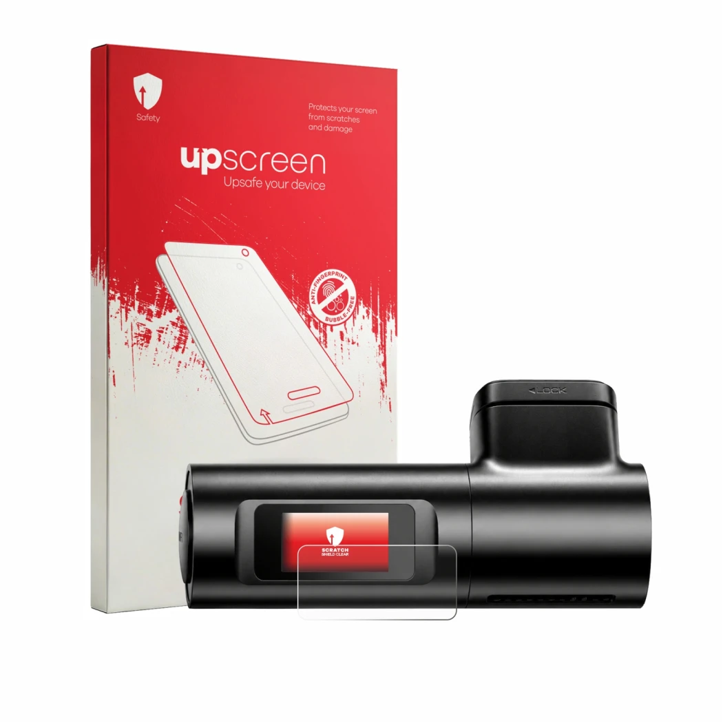 Parte frontale di una confezione del prodotto con il logo del marchio upscreen. Accanto è raffigurato il dispositivo Azdome M3