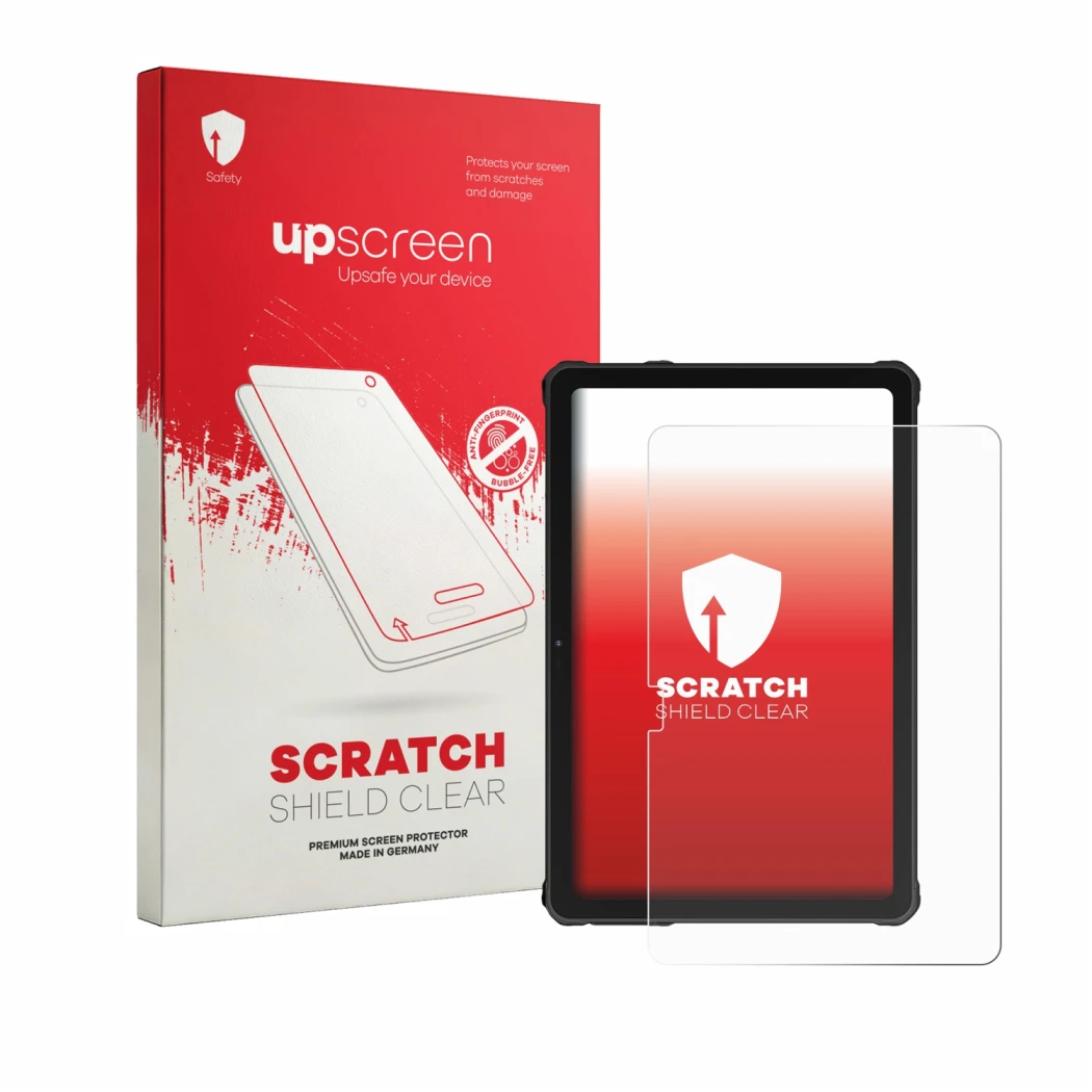 Parte frontale di una confezione del prodotto con il logo del marchio upscreen. Accanto è raffigurato il dispositivo Oukitel R