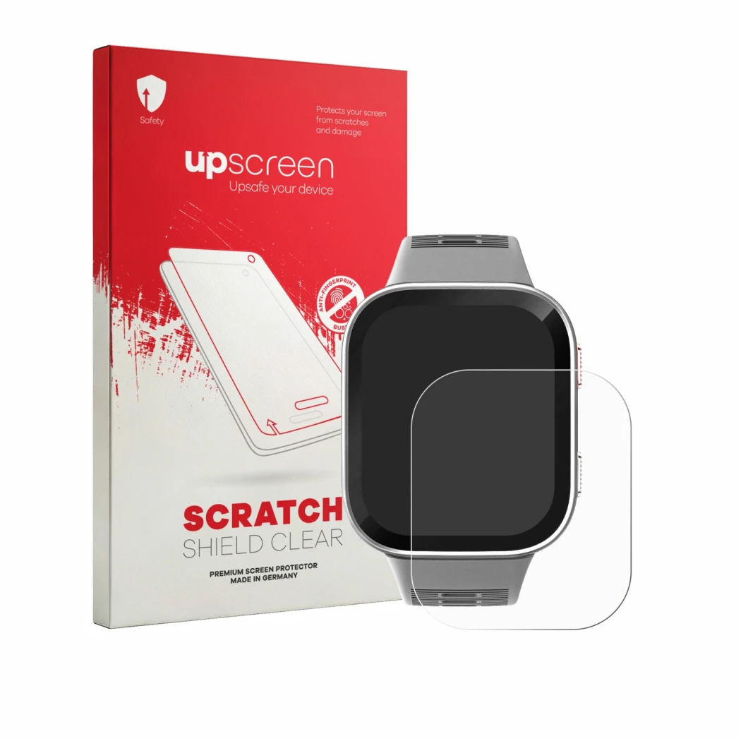 Parte frontale di una confezione del prodotto con il logo del marchio upscreen. Accanto è raffigurato il dispositivo Amazfit B