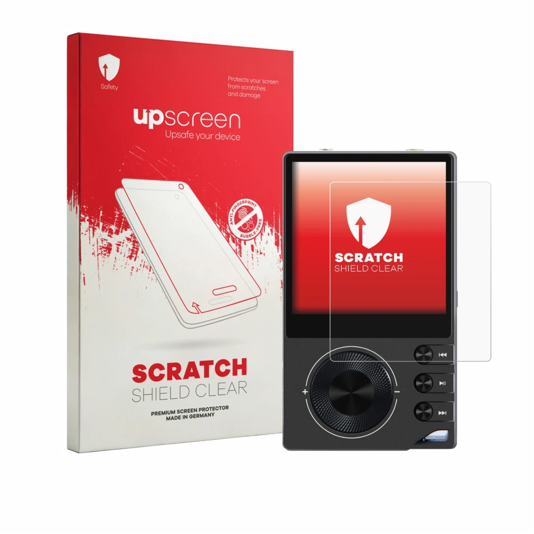 Parte frontale di una confezione del prodotto con il logo del marchio upscreen. Accanto è raffigurato il dispositivo Surfans F