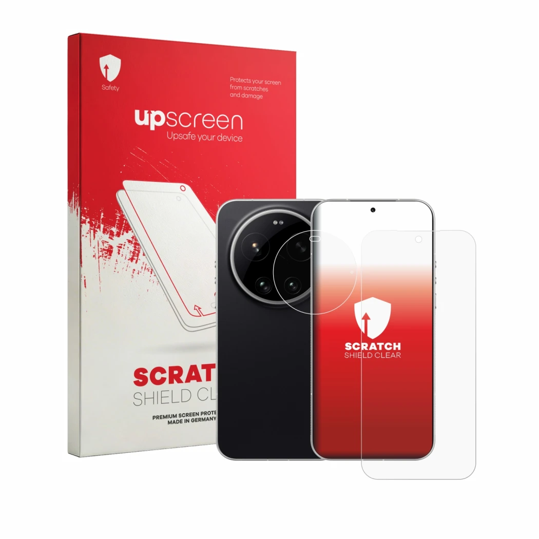 Parte frontale di una confezione del prodotto con il logo del marchio upscreen. Accanto è raffigurato il dispositivo Xiaomi Le