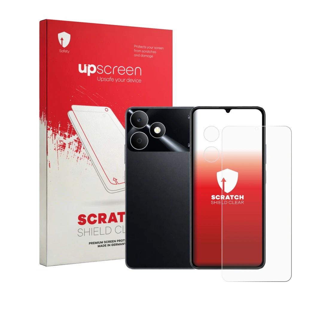 Parte frontale di una confezione del prodotto con il logo del marchio upscreen. Accanto è raffigurato il dispositivo realme No