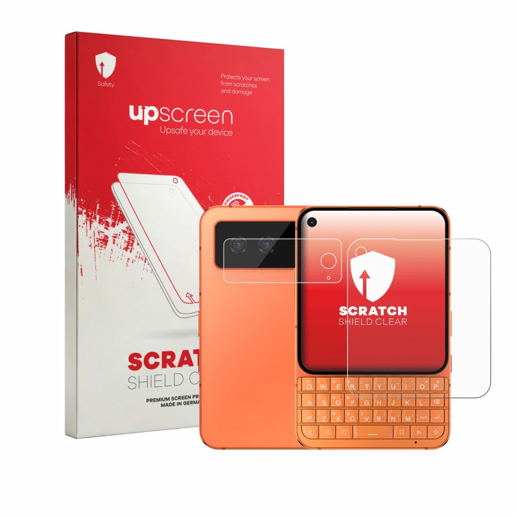 Parte frontale di una confezione del prodotto con il logo del marchio upscreen. Accanto è raffigurato il dispositivo Unihertz