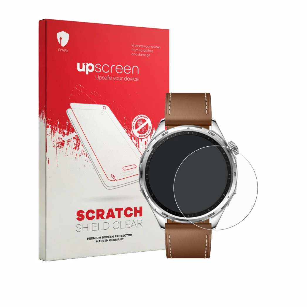 Parte frontale di una confezione del prodotto con il logo del marchio upscreen. Accanto è raffigurato il dispositivo Honor Wat