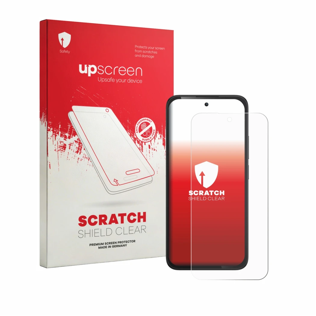 Parte frontale di una confezione del prodotto con il logo del marchio upscreen. Accanto è raffigurato il dispositivo TCL K70 4