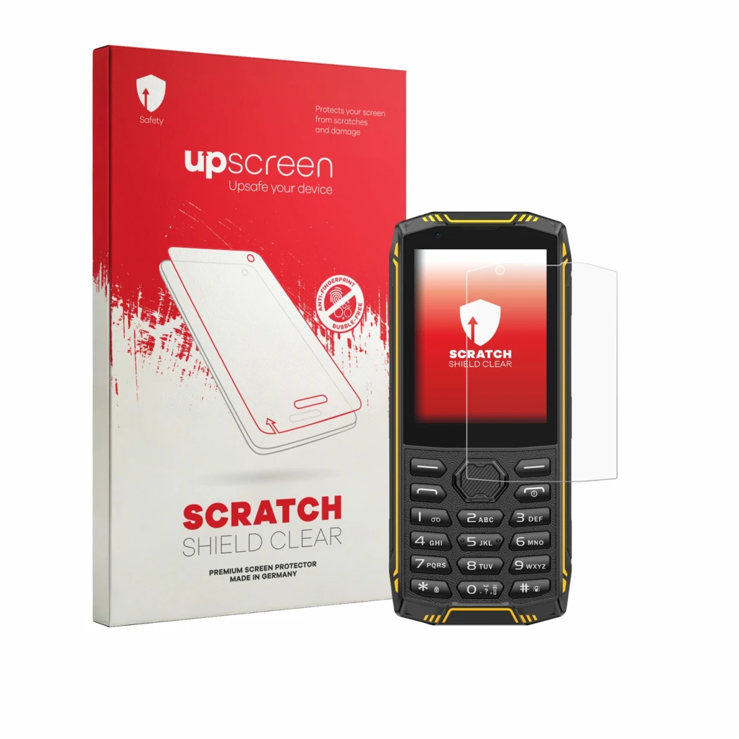 Parte frontale di una confezione del prodotto con il logo del marchio upscreen. Accanto è raffigurato il dispositivo Ulefone A