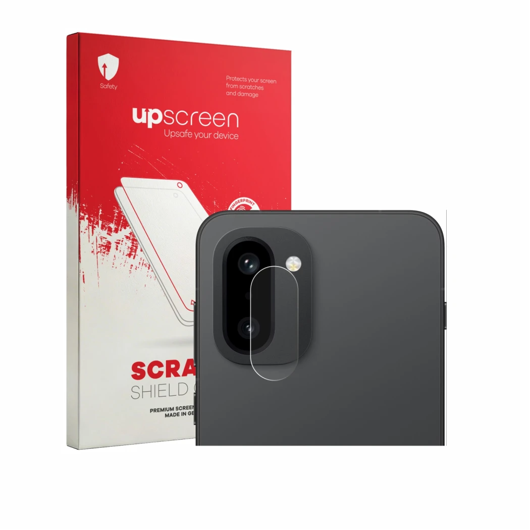 Parte frontale di una confezione del prodotto con il logo del marchio upscreen. Accanto è raffigurato il dispositivo OnePlus 1