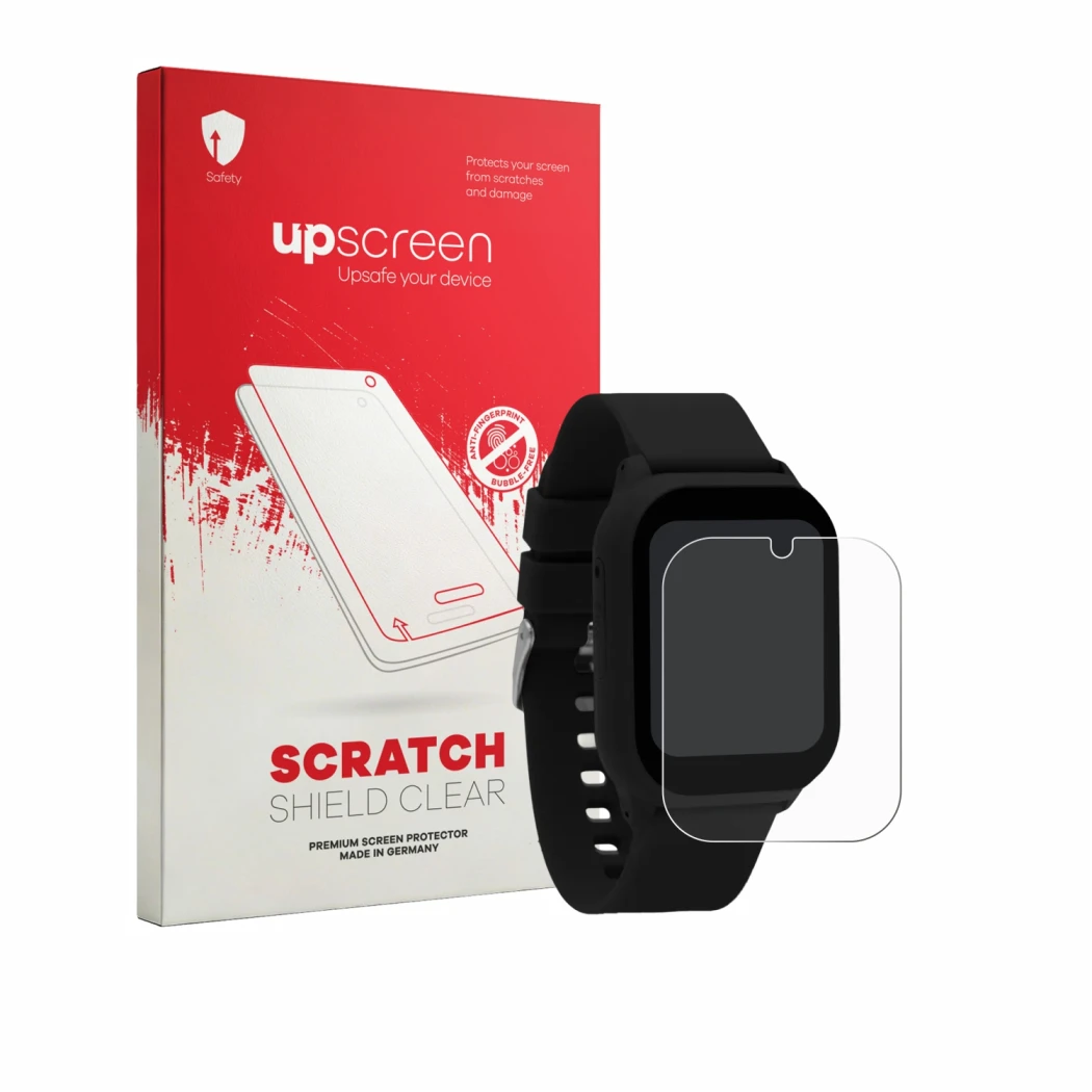 Parte frontale di una confezione del prodotto con il logo del marchio upscreen. Accanto è raffigurato il dispositivo One2Track