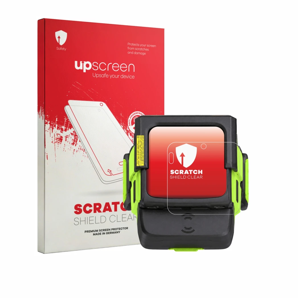 Parte frontale di una confezione del prodotto con il logo del marchio upscreen. Accanto è raffigurato il dispositivo Zebra WS5