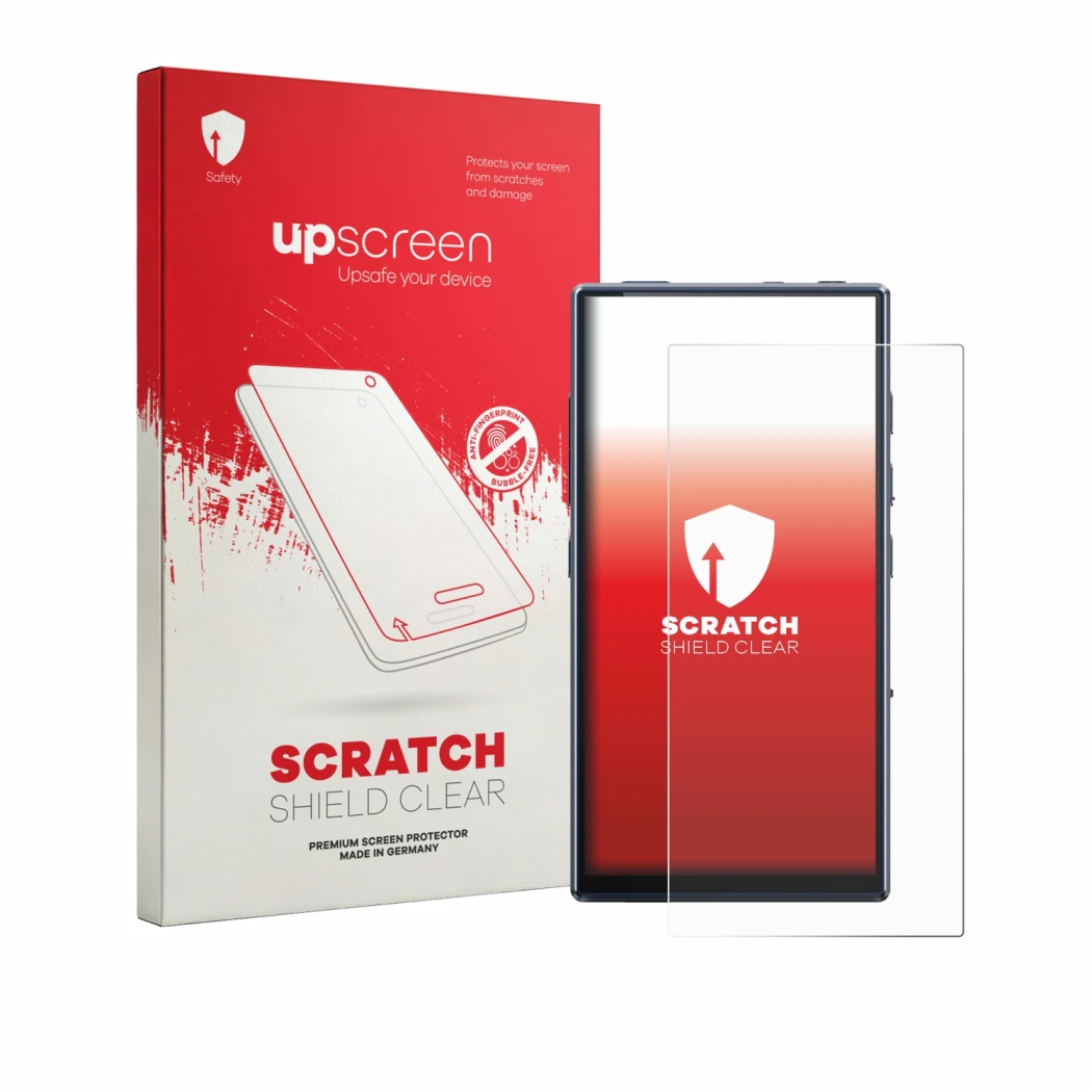 Parte frontale di una confezione del prodotto con il logo del marchio upscreen. Accanto è raffigurato il dispositivo FiiO M33
