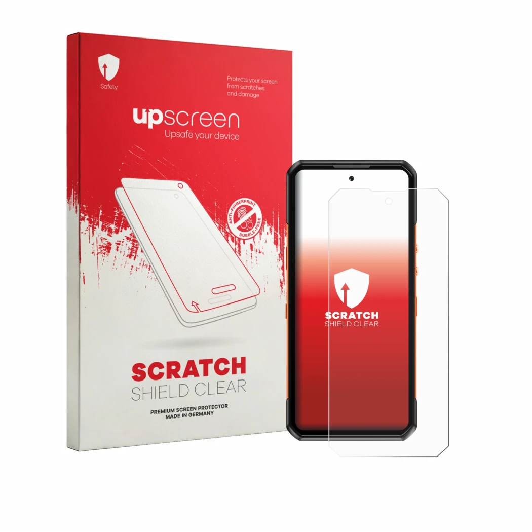Parte frontale di una confezione del prodotto con il logo del marchio upscreen. Accanto è raffigurato il dispositivo Oukitel W