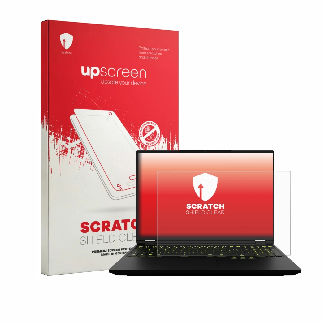 Parte frontale di una confezione del prodotto con il logo del marchio upscreen. Accanto è raffigurato il dispositivo XMG Neo 1