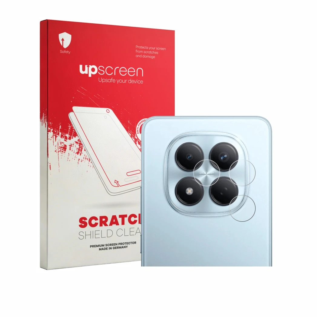 Parte frontale di una confezione del prodotto con il logo del marchio upscreen. Accanto è raffigurato il dispositivo Xiaomi Re