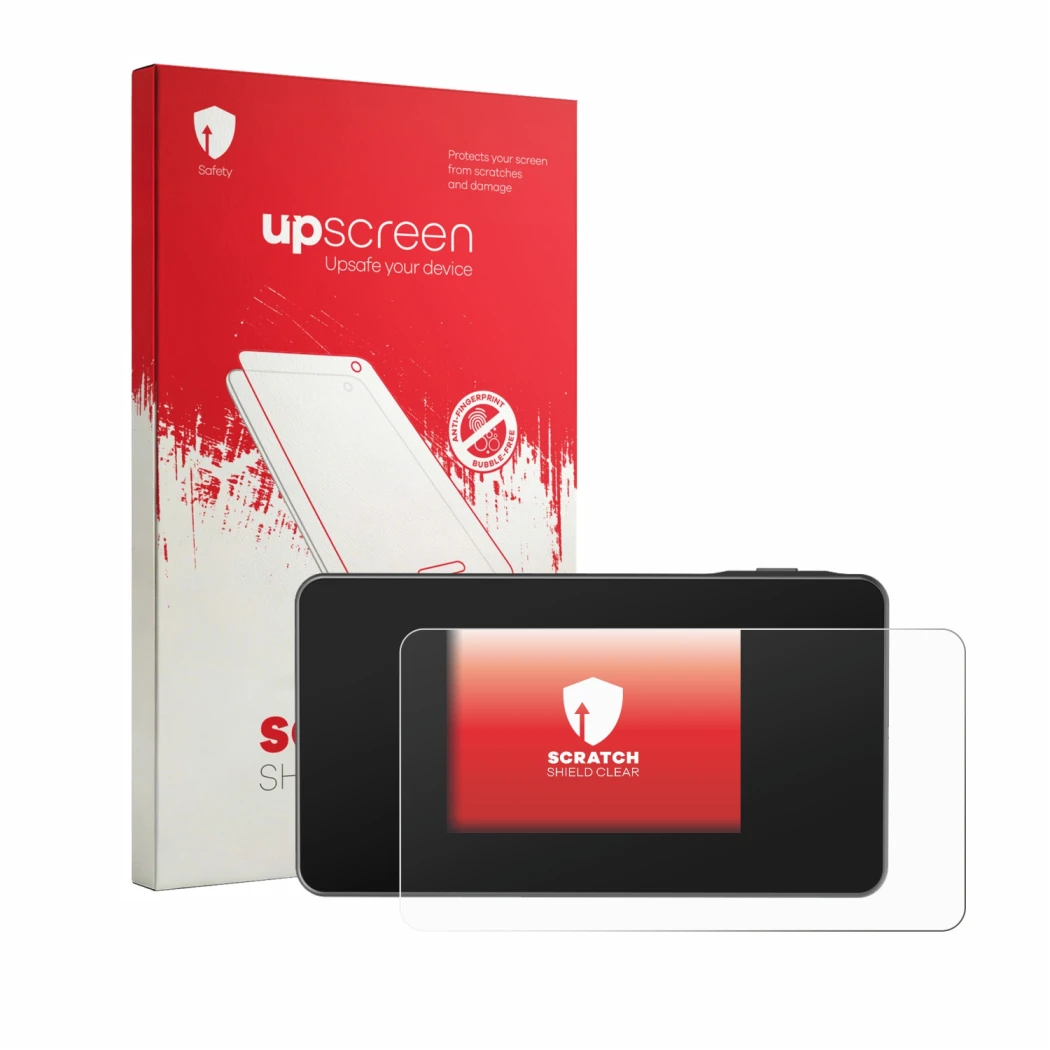 Parte frontale di una confezione del prodotto con il logo del marchio upscreen. Accanto è raffigurato il dispositivo TP-Link M