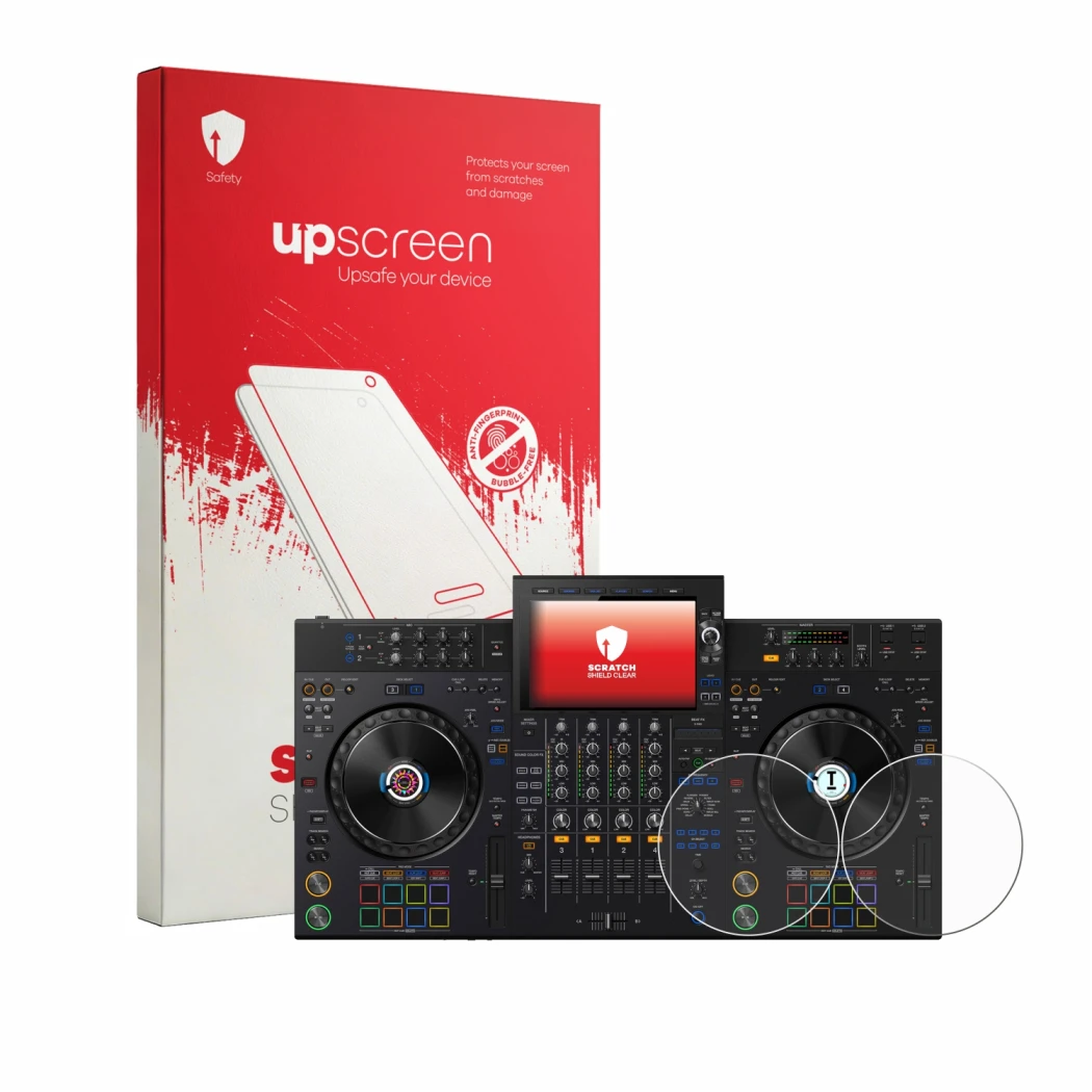 Parte frontale di una confezione del prodotto con il logo del marchio upscreen. Accanto è raffigurato il dispositivo AlphaThet