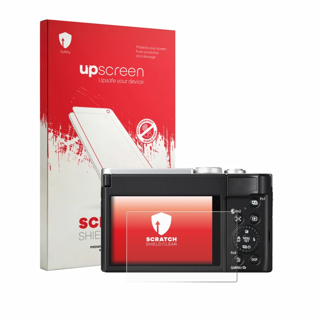 Parte frontale di una confezione del prodotto con il logo del marchio upscreen. Accanto è raffigurato il dispositivo Panasonic