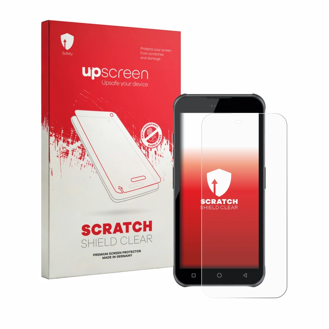 Parte frontale di una confezione del prodotto con il logo del marchio upscreen. Accanto è raffigurato il dispositivo Bluebird