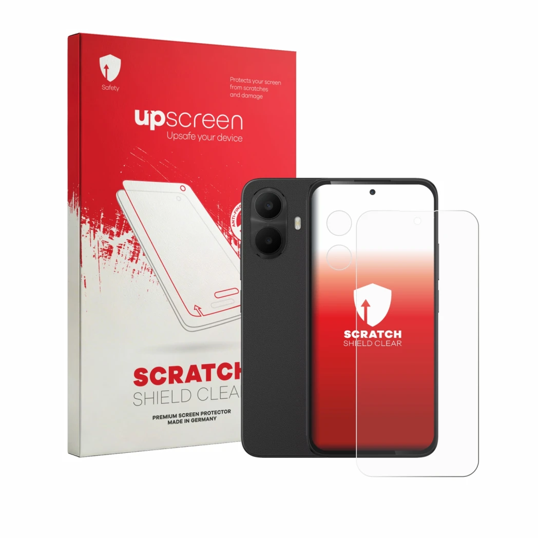 Parte frontale di una confezione del prodotto con il logo del marchio upscreen. Accanto è raffigurato il dispositivo TCL K70 4
