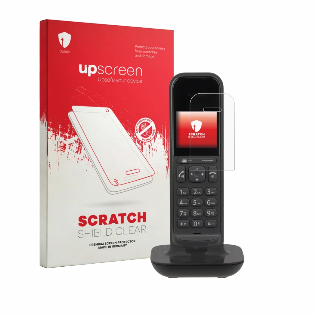 Parte frontale di una confezione del prodotto con il logo del marchio upscreen. Accanto è raffigurato il dispositivo Gigaset C