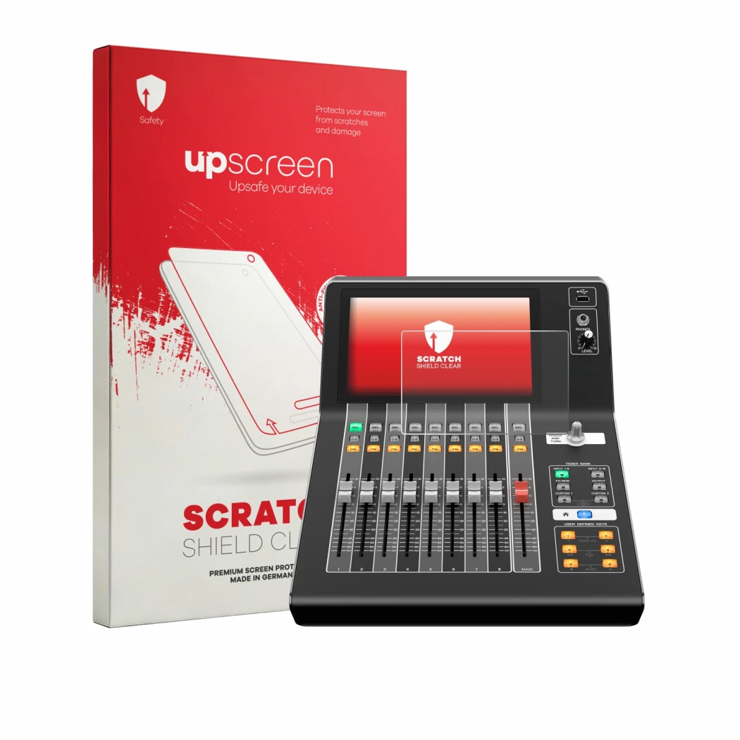 Parte frontale di una confezione del prodotto con il logo del marchio upscreen. Accanto è raffigurato il dispositivo Yamaha DM