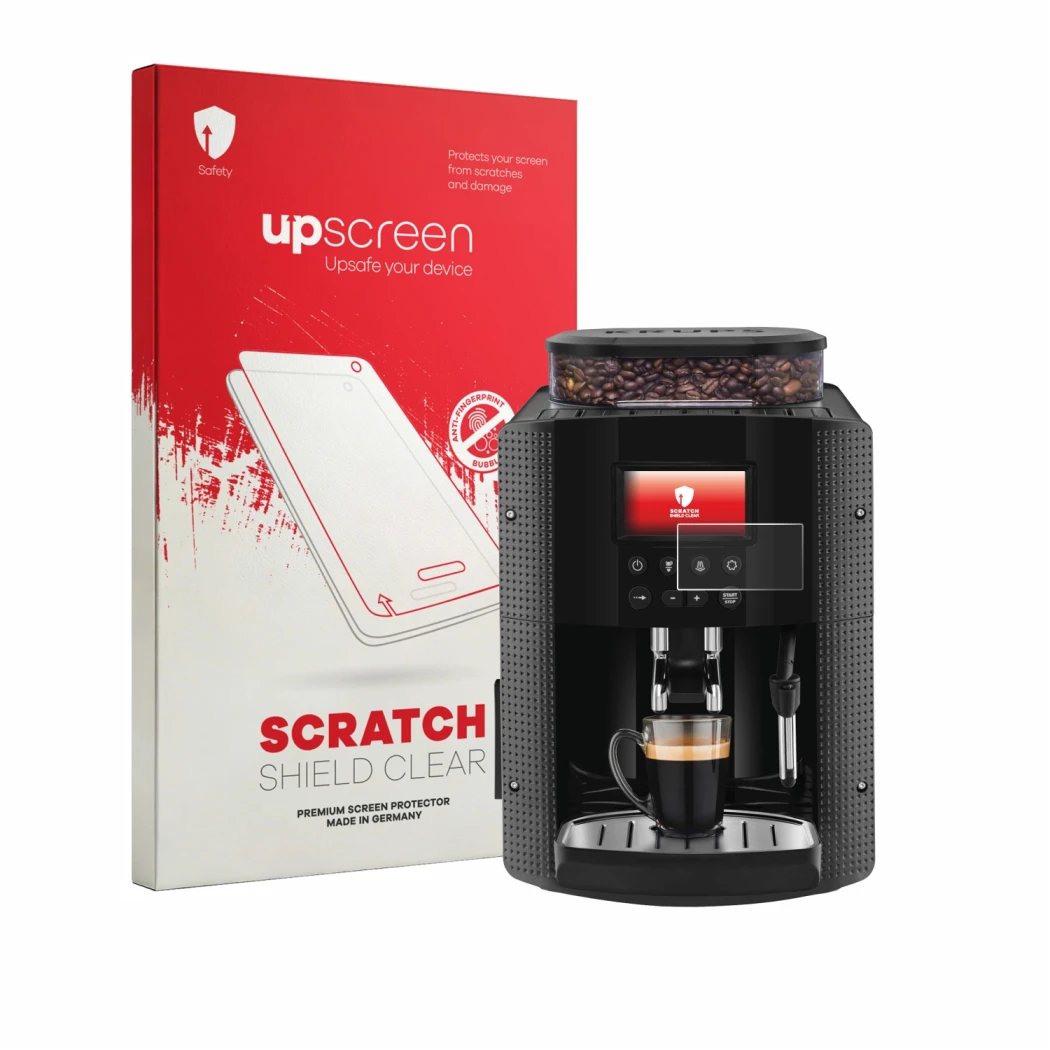 Parte frontale di una confezione del prodotto con il logo del marchio upscreen. Accanto è raffigurato il dispositivo Krups Ess
