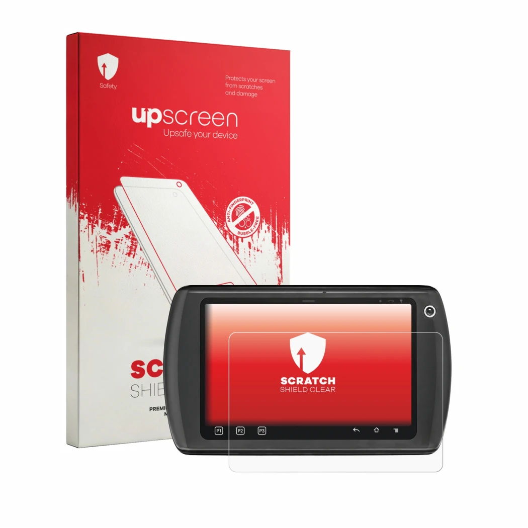 Parte frontale di una confezione del prodotto con il logo del marchio upscreen. Accanto è raffigurato il dispositivo Zebra ET1