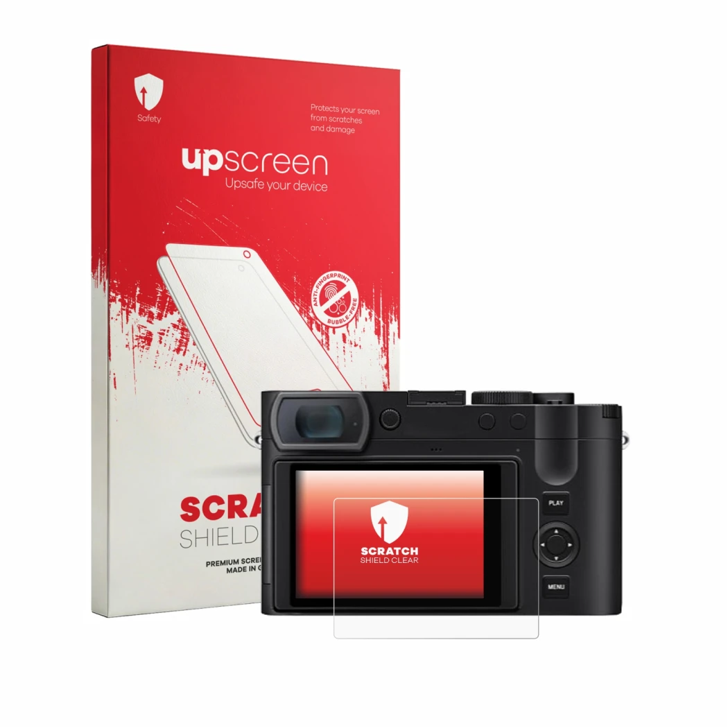 Parte frontale di una confezione del prodotto con il logo del marchio upscreen. Accanto è raffigurato il dispositivo Leica Q3