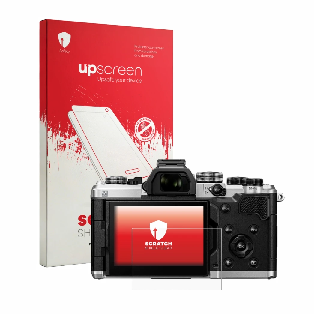 Parte frontale di una confezione del prodotto con il logo del marchio upscreen. Accanto è raffigurato il dispositivo OM System