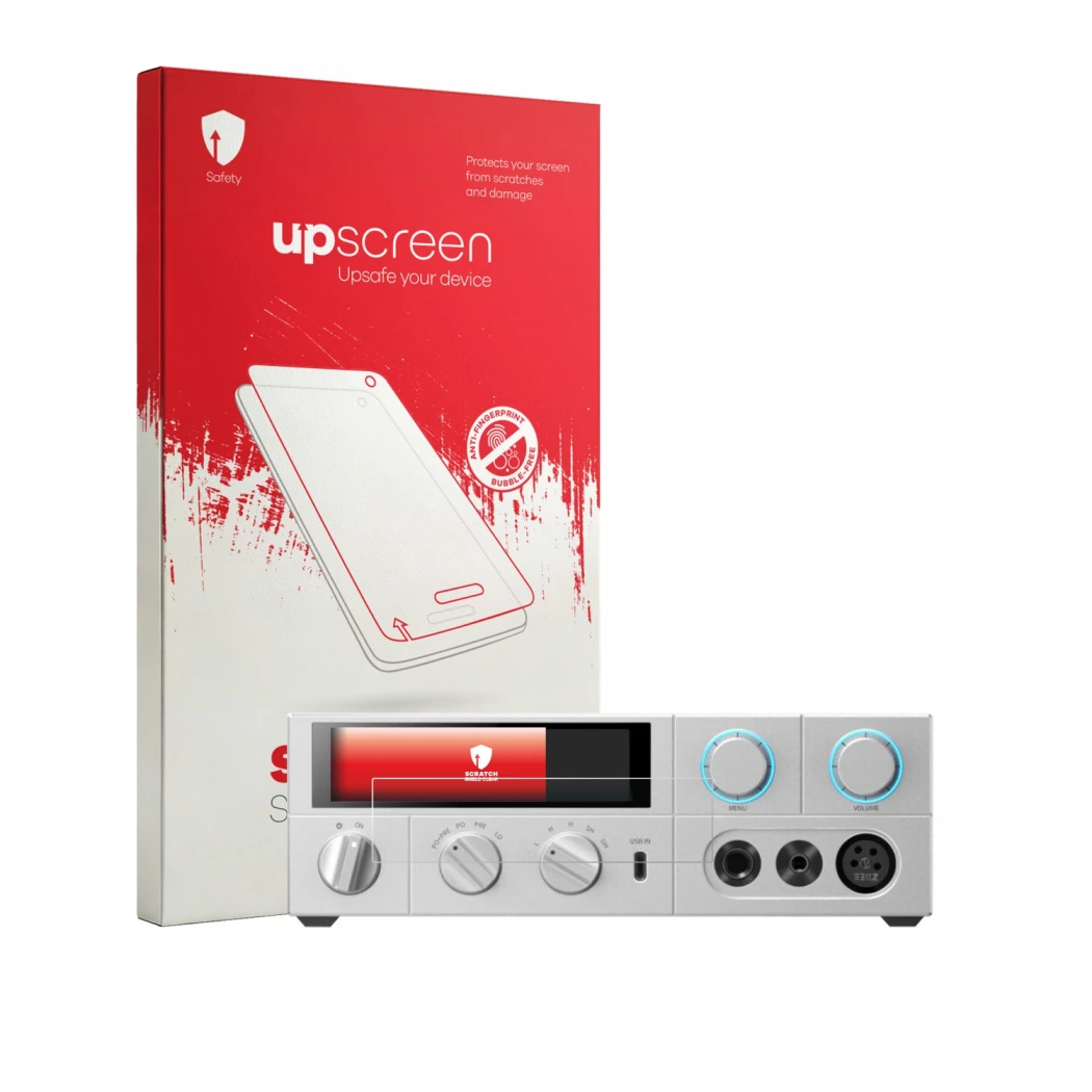 Parte frontale di una confezione del prodotto con il logo del marchio upscreen. Accanto è raffigurato il dispositivo FiiO K15
