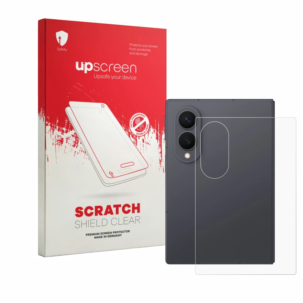 Parte frontale di una confezione del prodotto con il logo del marchio upscreen. Accanto è raffigurato il dispositivo Samsung G