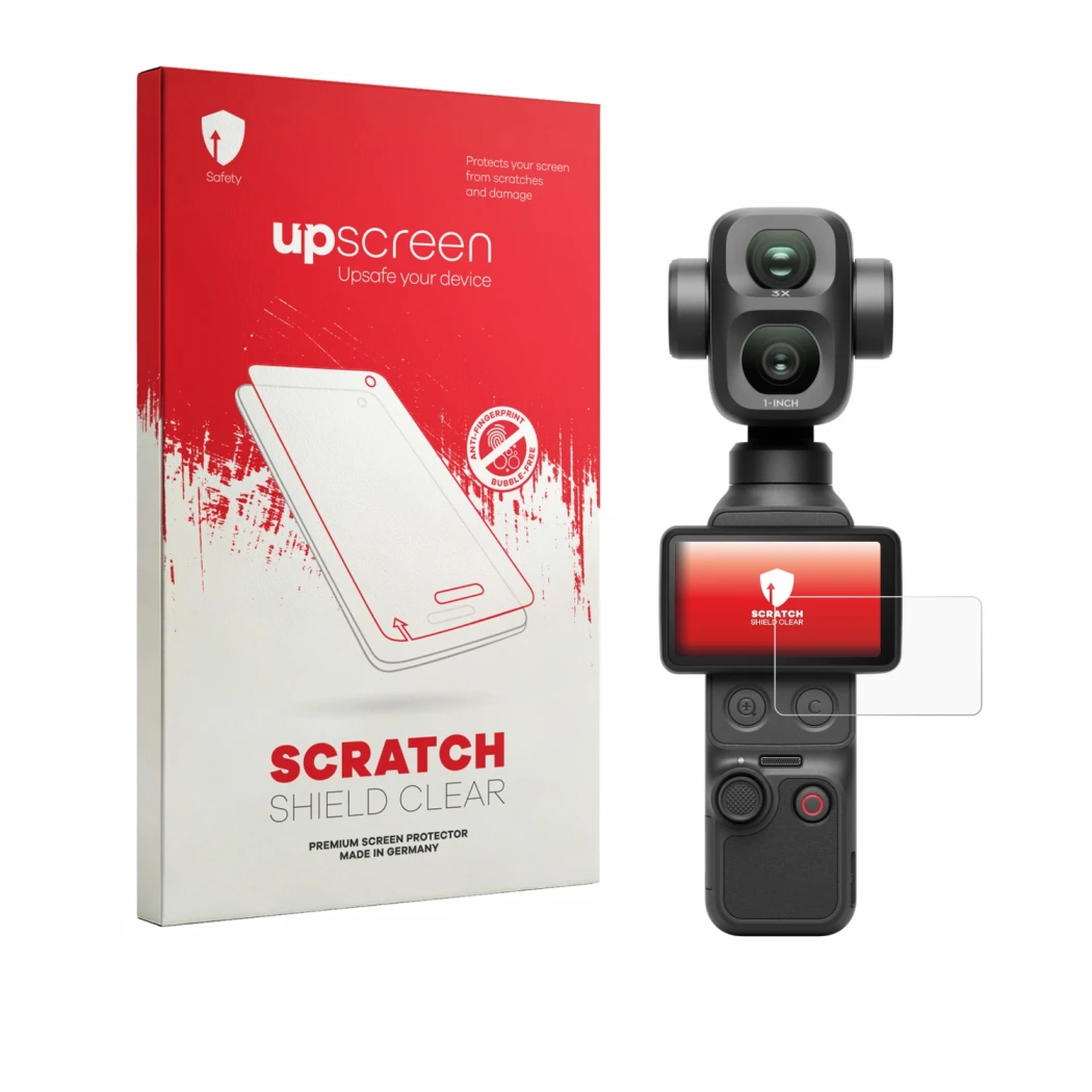 Parte frontale di una confezione del prodotto con il logo del marchio upscreen. Accanto è raffigurato il dispositivo DJI Osmo