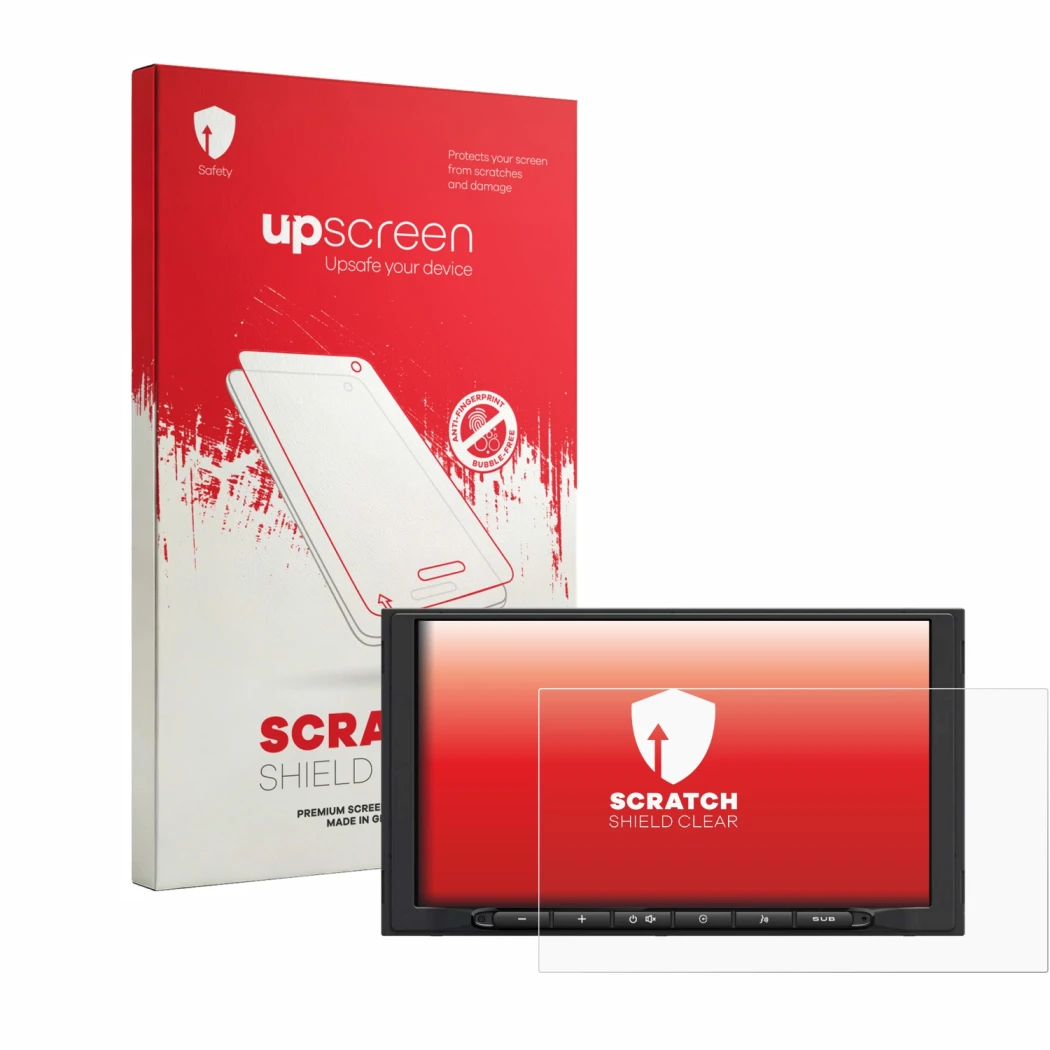 Parte frontale di una confezione del prodotto con il logo del marchio upscreen. Accanto è raffigurato il dispositivo JBL Legen