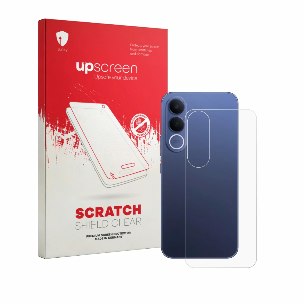 Parte frontale di una confezione del prodotto con il logo del marchio upscreen. Accanto è raffigurato il dispositivo Vivo V70