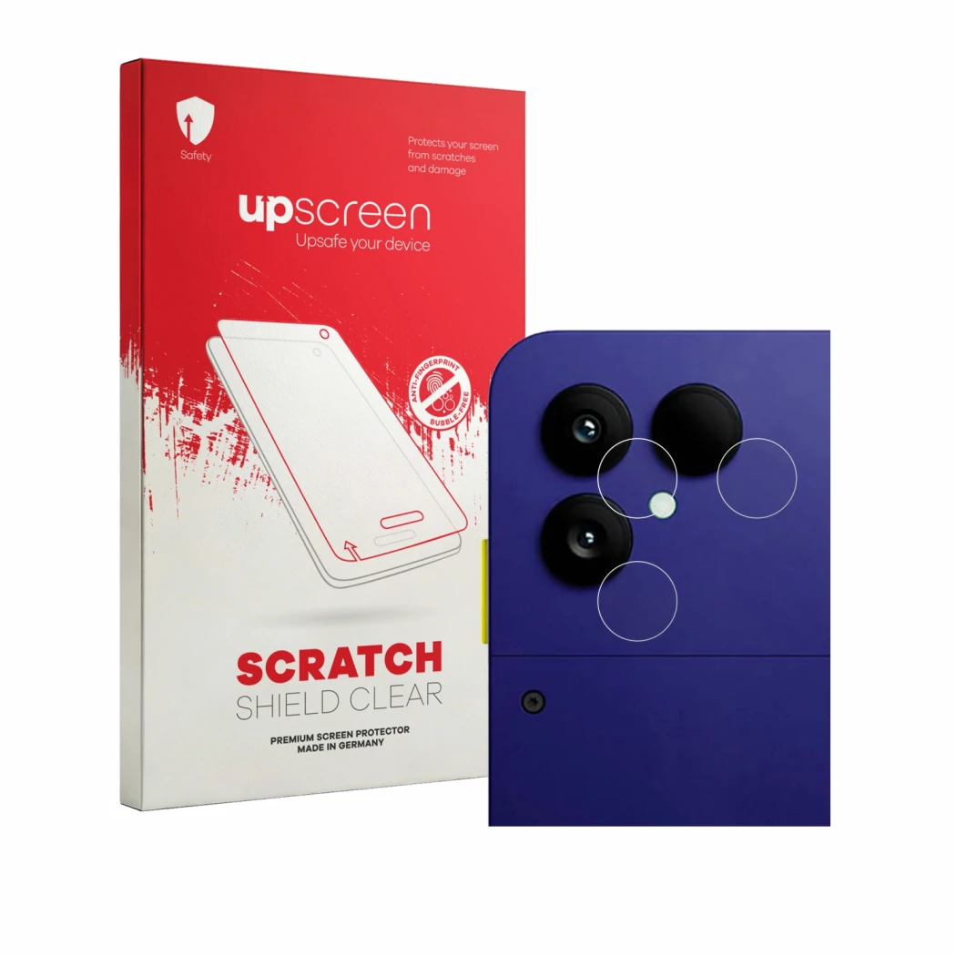 Parte frontale di una confezione del prodotto con il logo del marchio upscreen. Accanto è raffigurato il dispositivo Fairphone