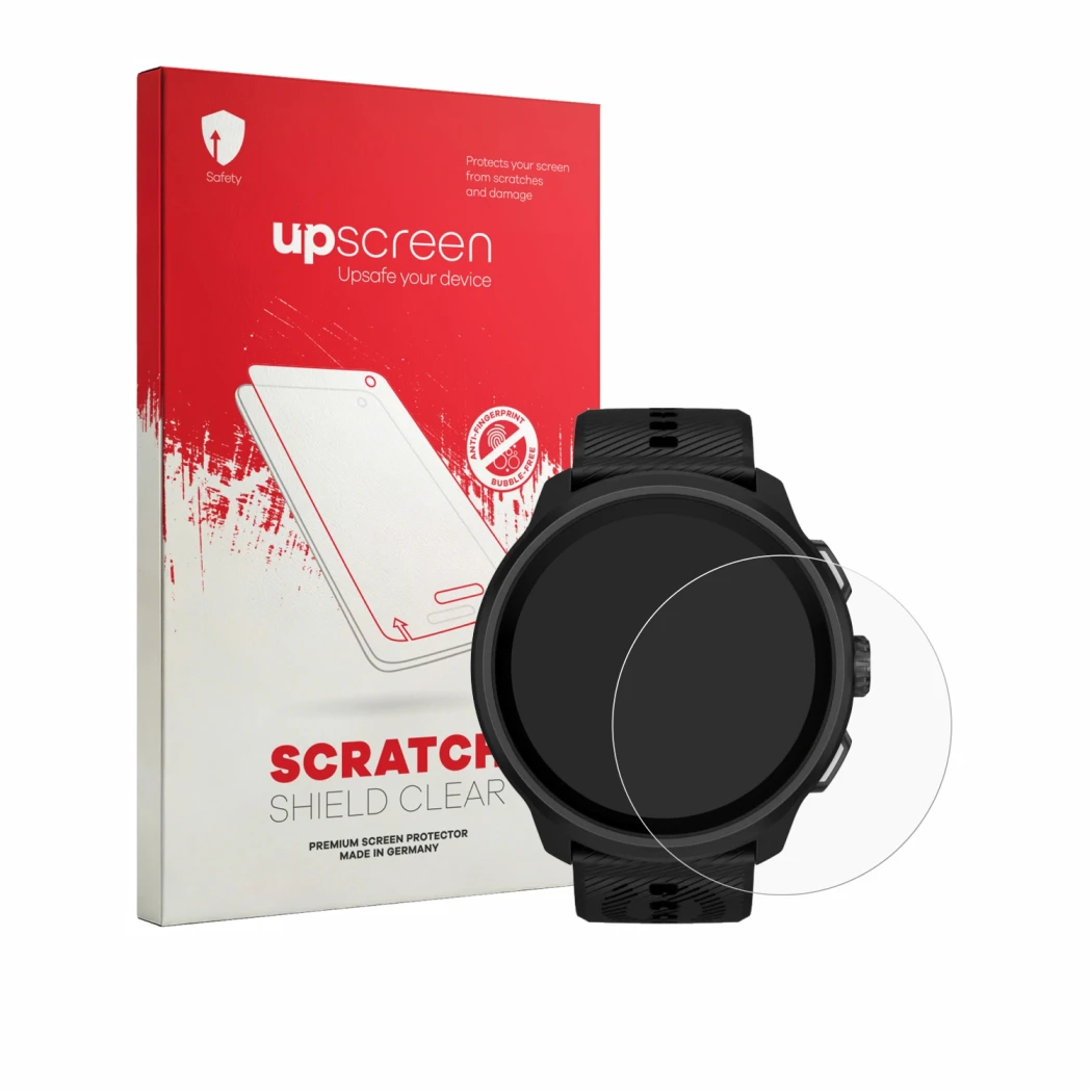 Parte frontale di una confezione del prodotto con il logo del marchio upscreen. Accanto è raffigurato il dispositivo Suunto Ru