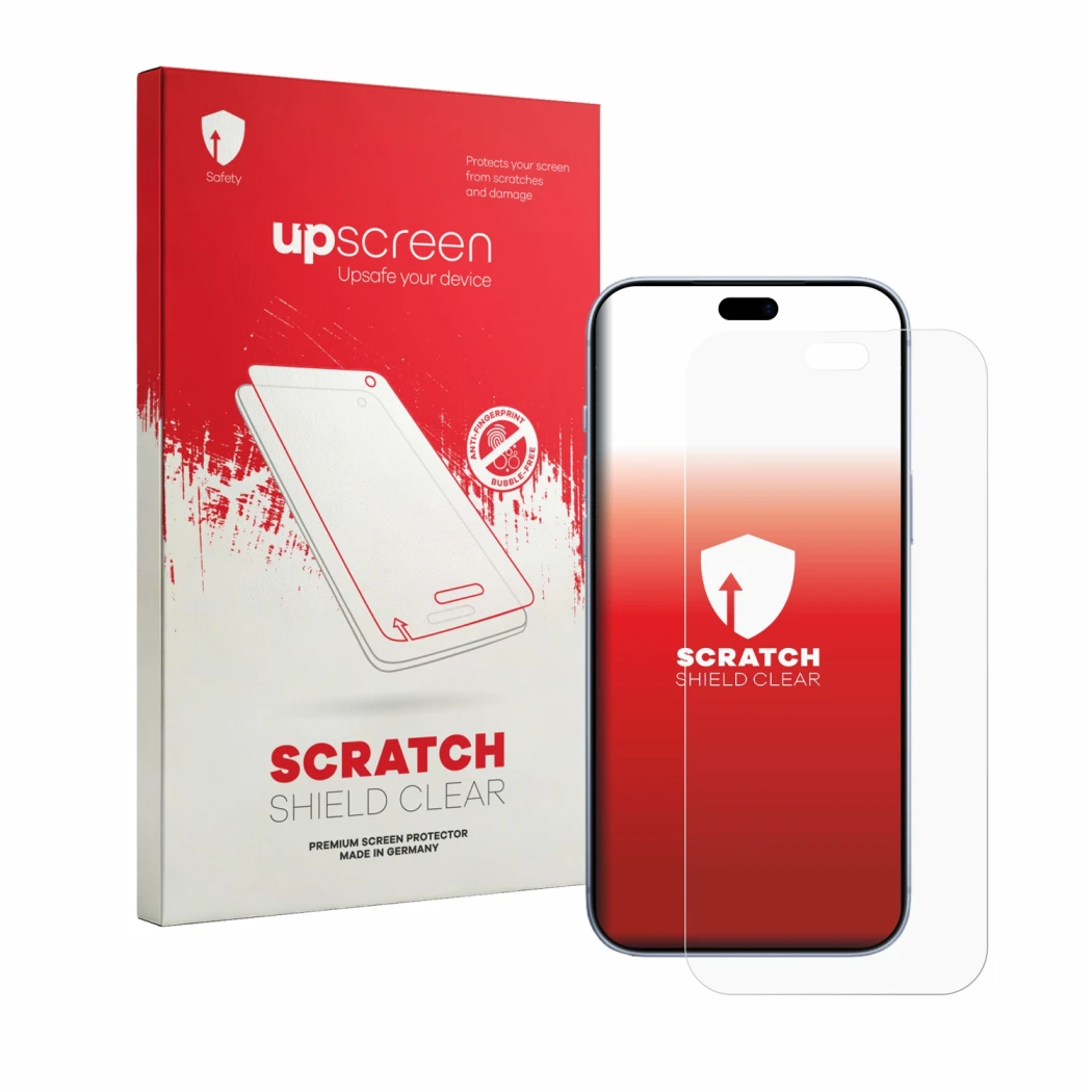 Parte frontale di una confezione del prodotto con il logo del marchio upscreen. Accanto è raffigurato il dispositivo Apple iPh