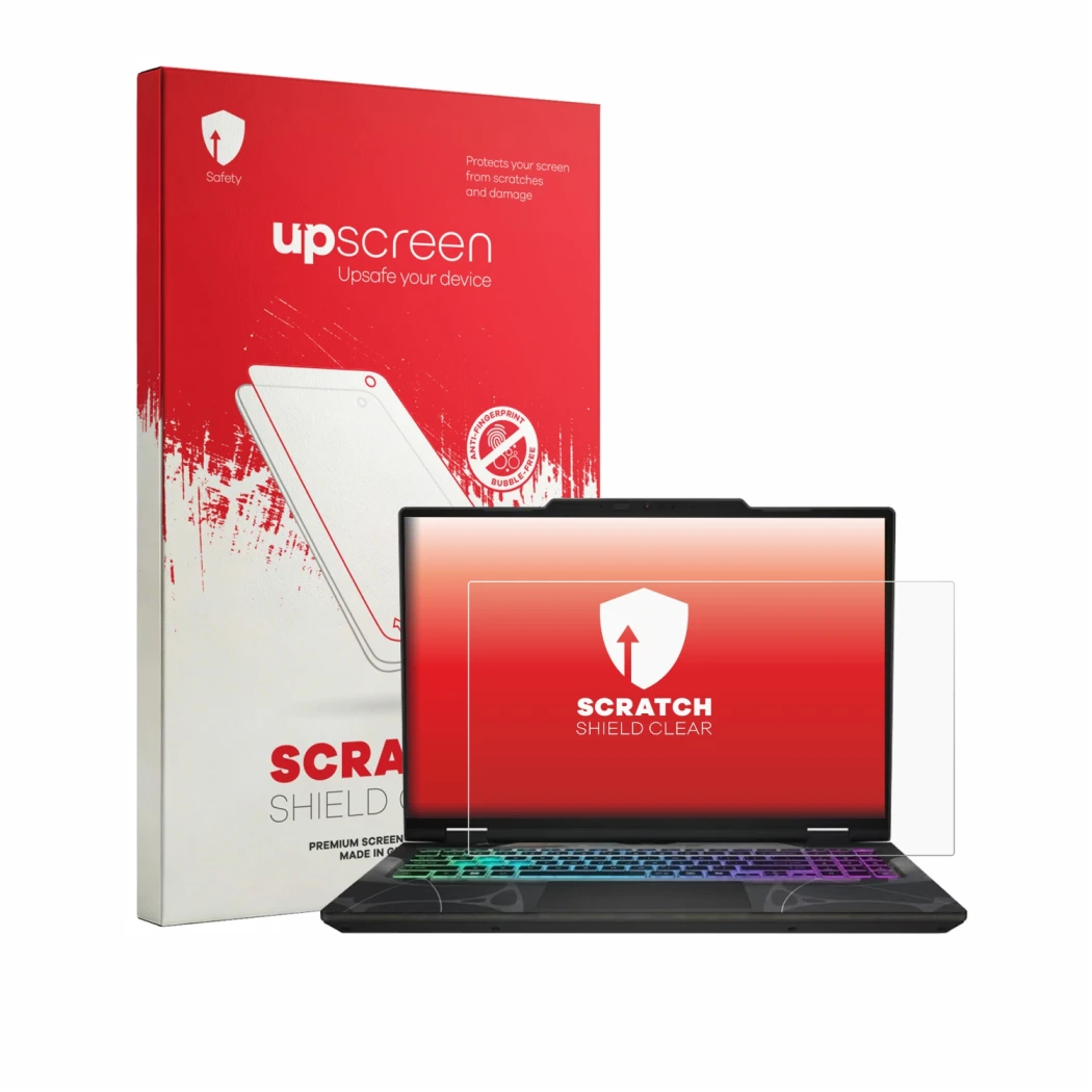 Parte frontale di una confezione del prodotto con il logo del marchio upscreen. Accanto è raffigurato il dispositivo MSI Cybor