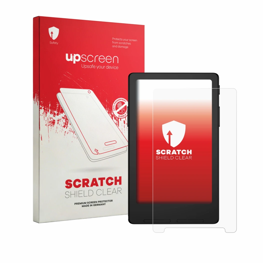 Parte frontale di una confezione del prodotto con il logo del marchio upscreen. Accanto è raffigurato il dispositivo Xteink X4
