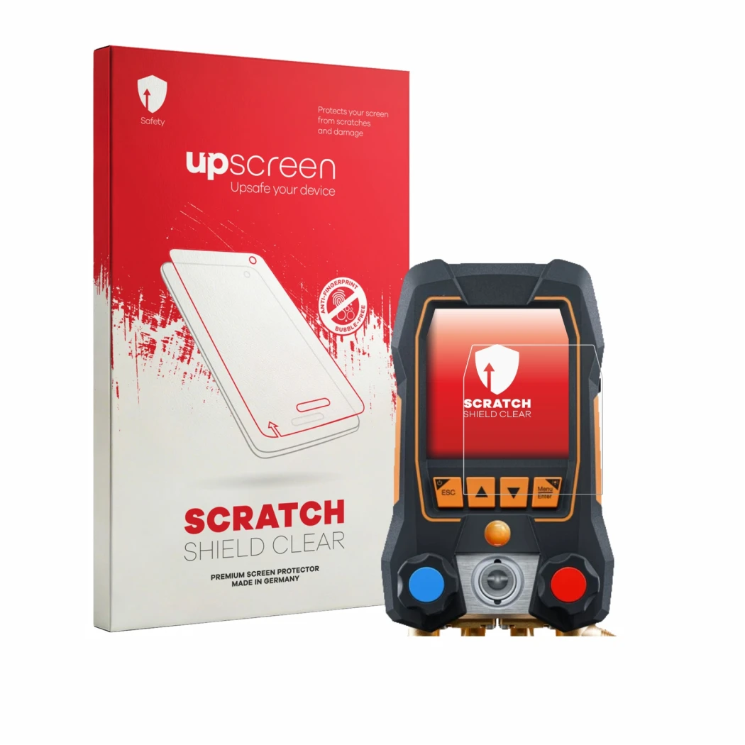Parte frontale di una confezione del prodotto con il logo del marchio upscreen. Accanto è raffigurato il dispositivo Testo 558