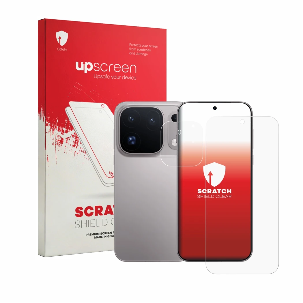 Parte frontale di una confezione del prodotto con il logo del marchio upscreen. Accanto è raffigurato il dispositivo Oppo Find