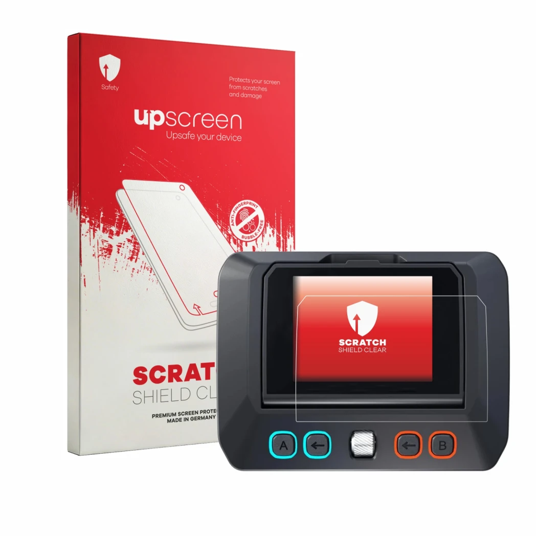 Parte frontale di una confezione del prodotto con il logo del marchio upscreen. Accanto è raffigurato il dispositivo SkyRc D8n