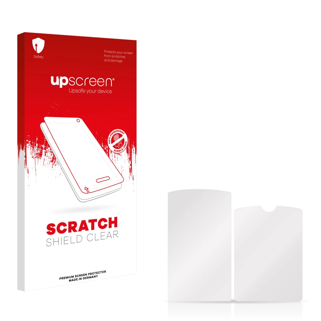 Parte frontale di una confezione del prodotto con il logo del marchio upscreen. Accanto si trova la protezione per lo schermo 