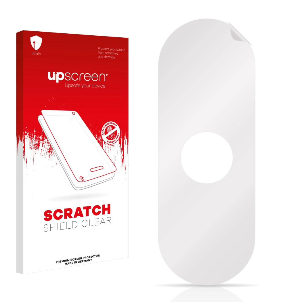 Parte frontale di una confezione del prodotto con il logo del marchio upscreen. Accanto si trova la protezione per lo schermo